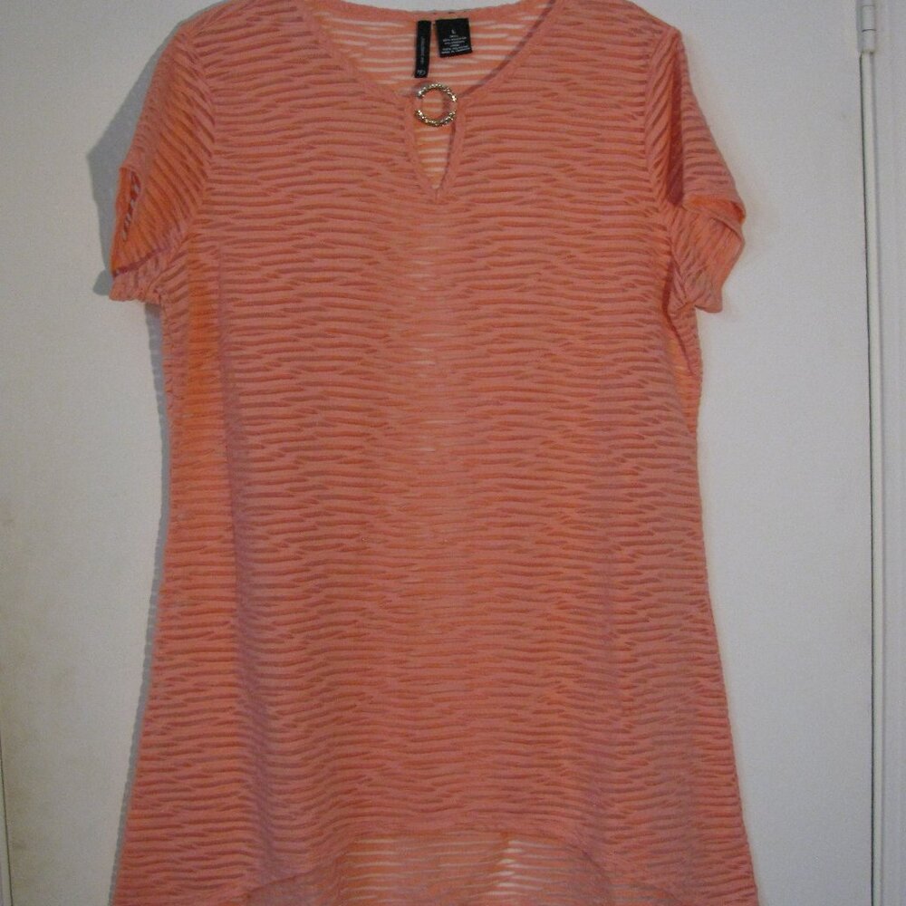New Directions ND Blouse Large NWOT New Sheer Stripe Beach Cover Peach